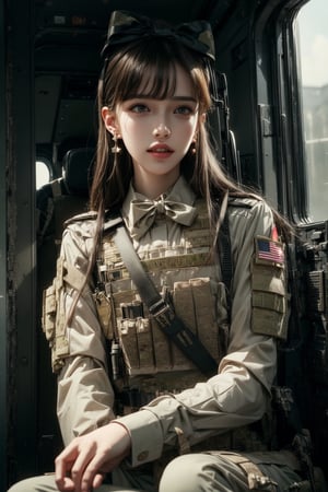 1girl, solo, long hair, looking at the viewer, smile, laugh, teeth, bangs, brown hair, realistic, (masterpiece, best quality, CGI, official art:1.2), as a helicopter pilot, sitting inside of a helicopter, (masterpiece, top quality, best quality, official art, beautiful and aesthetic:1.2), (1girl), extremely detailed, Movie Still, Film Still, Wearing tight military uniform, long sleeves camouflage military uniform, Bulletproof vest, seat belt, Cinematic, masterpiece, best quality, photorealistic, raw photo, earrings, black eyes, lips, bow headband, lips, ribbon, realistic, parted lips, lips, ribbon, realistic, blurry background,Military