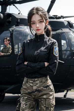 a 20 yo woman, upper body, smile, ponytail, Tight-fitting military uniform, camouflage military uniform, emblem, crossed arms, long sleeves and long pants, medium breast, at the air force base tarmac,  day, standing in front of a huge helicopter (UH-60 Black Hawk),  direct lighting,  long hair,  soothing tones,  high contrast,  (natural skin texture,  hyperrealism,  soft light,  sharp), chromatic_background, simple background, Detailedface, Detailed eyes, Detailedface,MRRPSS, ,UH-60 Black Hawk