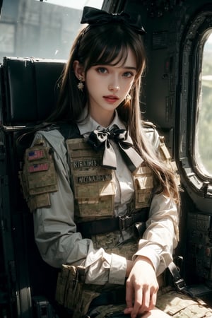 1girl, solo, long hair, looking at the viewer, smile, laugh, teeth, bangs, brown hair, realistic, (masterpiece, best quality, CGI, official art:1.2), as a helicopter pilot, sitting inside of a helicopter, (masterpiece, top quality, best quality, official art, beautiful and aesthetic:1.2), (1girl), extremely detailed, Movie Still, Film Still, Wearing tight military uniform, long sleeves camouflage military uniform, Bulletproof vest, seat belt, Cinematic, masterpiece, best quality, photorealistic, raw photo, earrings, black eyes, lips, bow headband, lips, ribbon, realistic, parted lips, lips, ribbon, realistic, blurry background,Military