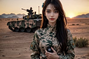 a 20 yo woman, smile, laugh, long hair, medium breast, sexy, realistic,  bright sunny smile, parted lips,   jewelry, earrings, hair flower, lips,Tight-fitting military uniform, camouflage military uniform,camouflage, long sleeves and long pants, medium breast, in the desert ,  stand near a  giant tank ,Hands in pockets with direct lighting, long hair, soothing tones, high contrast, (natural skin texture, hyperrealism, soft light, sharp), chromatic_background, Detailedface, Detailed eyes, Detailedface, blurry background,realistic hands,tank