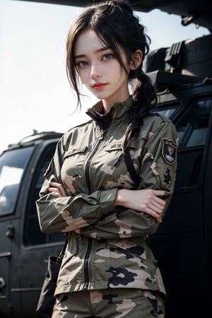 a 20 yo woman, upper body, smile, ponytail, Tight-fitting military uniform, camouflage military uniform, emblem, crossed arms, long sleeves and long pants, medium breast, at the air force base tarmac,  day, standing in front of a huge helicopter (UH-60 Black Hawk),  direct lighting,  long hair,  soothing tones,  high contrast,  (natural skin texture,  hyperrealism,  soft light,  sharp), chromatic_background, simple background, Detailedface, Detailed eyes, Detailedface,MRRPSS, ,UH-60 Black Hawk