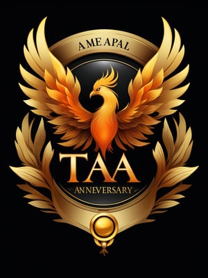 Masterpiece, realistic. High quality.
Badge. a symbol of The flame has the silhouette of a phoenix. With text: TA Anniversary, black background