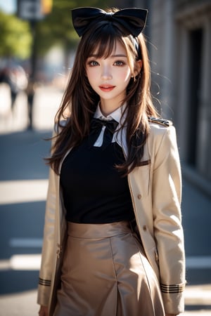 1girl, solo, long hair, looking at the viewer, smile, bangs, brown hair,  realistic, skirt, jacket, military uniform, pencil skirt, realistic, medium breasts, black eyes, lips, bow headband, blurry, lips, blurry background, ribbon, realistic, parted lips, lips, blurry background, bow, ribbon, realistic,