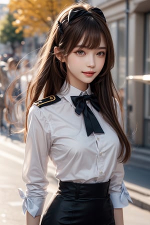 1girl, solo, long hair, looking at the viewer, smiling, bangs, brown hair,  military uniform, pencil skirt, outdoors,, bow, ribbon, hair ribbon,  hairband,  parted lips,  bowtie, lips,  bow,  ribbon, realistic,