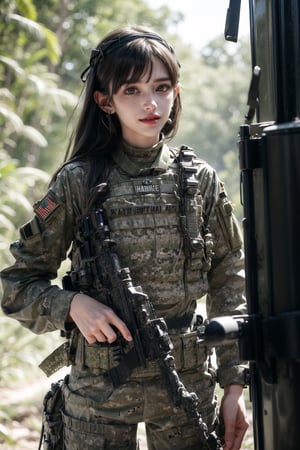 1girl, solo, long hair, smile, laugh, bangs, brown hair, reality, in the forest, in the jungle, military helicopter (UH-60 Black Hawk), arms up, upper body, slim body, soldier girl, wearing camouflage military uniform, long sleeves, long pants, highly detailed, lips, earrings, dark eyes, lips, bow headband, lips, ribbon, realistic, parted lips, lips, ribbon, realistic, blurred background, military, Military, UH-60 Black Hawk