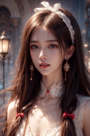 1girl, solo, long hair, looking at the viewer, smile, laugh, teeth, bangs, brown hair, realistic, (masterpiece, best quality, CGI, official art:1.2),  (masterpiece, top quality, best quality, official art, beautiful and aesthetic:1.2), (1girl), extremely detailed, Movie Still, Film Still, perfect lighting, vivid colors, scenery, victorian, Cinematic, masterpiece, best quality, photorealistic, raw photo, earrings, black eyes, lips, bow headband, lips, ribbon, realistic, parted lips, lips, ribbon, realistic, blurry background,Anime