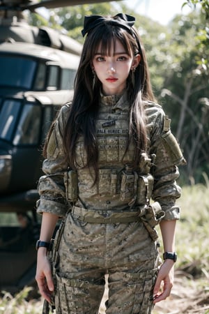 1girl, solo, long hair, smile, bangs, brown hair, reality, in the forest, in the jungle, military helicopter, aircraft, copter focus, slim body, soldier girl, wearing camouflage military uniform, long sleeves, long pants, highly detailed , lips, earrings, dark eyes, lips, bow headband, lips, ribbon, realistic, parted lips, lips, ribbon, realistic, blurred background, military,Military