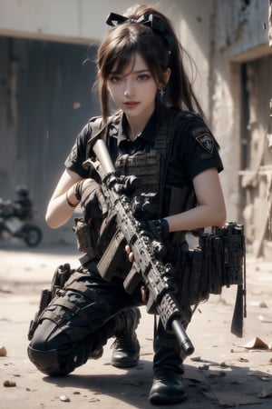 1girl, solo, long hair, looking at the viewer, smile, laugh,  bangs, brown hair, realistic, ponytail, open mouth, gloves, holding, weapon,  realistic, short sleeves, boots, black gloves, pants, fingerless gloves, black footwear, holding weapon, blurry, gun, military, black shirt, blurry background, black pants, holding gun, rifle, assault rifle, knee pads, one knee, combat boots, M4A1, Military,  elegance, masterpiece, earrings, realistic,  masterpiece, best quality, photorealistic, raw photo,  earrings, black eyes, lips, bow headband, lips, ribbon, realistic, parted lips, lips, ribbon, realistic, blurry background,Military,Taskforce,Assault rifle ,dual wielding twin buster rifle