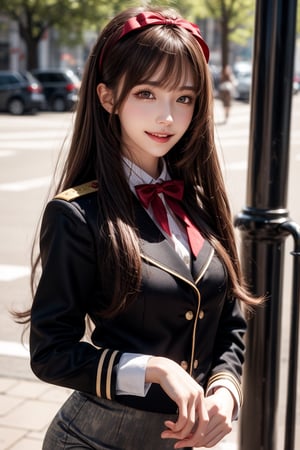 1girl, solo, long hair, looking at the viewer, smiling, bangs, brown hair,  military uniform, pencil skirt, outdoors,, bow, ribbon, hair ribbon,  hairband,  parted lips,  bowtie, lips,  bow,  ribbon, realistic,