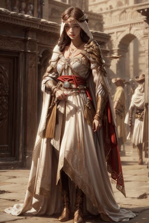 1girl, solo, long hair, looking at viewer, smile, laugh, bangs, brown hair, realistic,  medium breast, cowboy shot,  mature body, fantastical and ethereal scenery, daytime, jewelry, standing, earrings, outdoors, day, necklace, cape, armor, blurry, lips, sash, shoulder armor, realistic, vambraces, jewelry, full body, boots, hood, necklace, sash, vambraces, White heavy robe, white pants, cloak, dress as Assassin Creed style, cowboy shot,  mature body, fantastical and ethereal scenery, daytime,  earrings, outdoors, parted lips, day, lips, full body, outdoors,  blurry,  blurry background, earrings, black eyes, lips, bow headband, lips, ribbon, realistic, parted lips, lips, ribbon, realistic, blurry background,AS