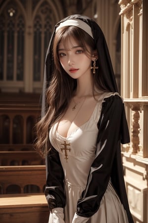 1girl, solo, long hair, looking at the viewer, smile, laugh,  bangs, brown hair, realistic, shoulders-long messy elegant hair, high boots, nun suit, in the church, cleavage, skirt, boots, elegance, masterpiece,  Cross necklace, earrings, realistic,  masterpiece, best quality, photorealistic, raw photo,  earrings, black eyes, lips, bow headband, lips, ribbon, realistic, parted lips, lips, ribbon, realistic, blurry background, 