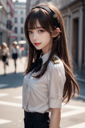 1girl, solo, long hair, looking at the viewer, smiling, bangs, brown hair,  military uniform, pencil skirt, outdoors,, bow, ribbon, hair ribbon,  hairband,  parted lips,  bowtie, lips,  bow,  ribbon, realistic,