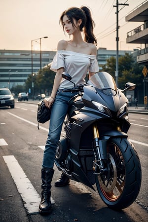 a 20 yo woman, smile, laugh, long hair,  medium breast, sexy, ponytail, realistic,  medium breast, rides a huge motorcycle with a sense of technology, in the urban area, shirt,  jewelry,  earrings, outdoors, parted lips, day, pants, lips, full body, boots, outdoors, black footwear, blurry,  blurry background, motor vehicle, road, motorcycle, on a motorcycle, flower hair accessories,  realistic, off-shoulder shirt, road, street, bra strap, crosswalk, (((half body))), direct lighting, long hair, soothing tones, high contrast, (natural skin texture, hyperrealism, soft light, sharp), chromatic_background, simple background, Detailedface, Detailed eyes, Detailedface,ftsbk