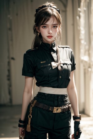 1girl, solo, long hair, upper body, cowboy shot, looking at the viewer, smile, laugh,  bangs, brown hair, realistic, ponytail, open mouth,  realistic, short sleeves, boots, black gloves, pants,  blurry, military, black shirt, Military uniform,  blurry background,  Military,  elegance, masterpiece, earrings, realistic, masterpiece, best quality, photorealistic, raw photo,  earrings, black eyes, lips, bow headband, lips, ribbon, realistic, parted lips, lips, ribbon, realistic, blurry background, Military,Taskforce,girl