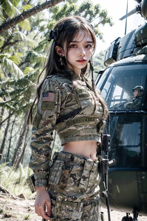 1girl, solo, long hair, smile, laugh, bangs, brown hair, reality, in the forest, in the jungle, military helicopter (UH-60 Black Hawk), arms up, upper body, slim body, soldier girl, wearing camouflage military uniform, long sleeves, long pants, highly detailed, lips, earrings, dark eyes, lips, bow headband, lips, ribbon, realistic, parted lips, lips, ribbon, realistic, blurred background, military, Military, UH-60 Black Hawk