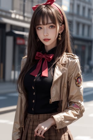 1girl, solo, long hair, looking at the viewer, smile, bangs, brown hair,  realistic, skirt, jacket, military uniform, pencil skirt, clothes lift, skirt lift, dress lift, realistic, medium breasts, earrings, black eyes, lips, bow headband, blurry, lips, blurry background, ribbon, realistic, parted lips, lips, bow, ribbon, realistic,