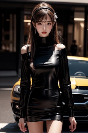 1girl, solo, long hair, looking at the viewer, smile, bangs, brown hair, realistic, shoulders-long messy elegant hair. ((Mock Neck Illusion Long Sleeve very short black minidress Black Leather)) ,  jewels. standing in a parking lot, sports car, at night, masterpiece, best quality, photorealistic, raw photo, earrings, black eyes, lips, bow headband, lips, ribbon, realistic, parted lips, lips, ribbon, realistic, blurry background,Car,super car