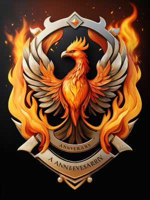 Masterpiece, realistic. High quality.
Badge. a symbol of a phoenix made of fire. With text: TA Anniversary