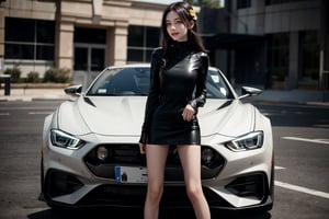 at night, a 20 yo woman, smile, laugh, long hair, medium breast, sexy, realistic,  bright sunny smile, parted lips, flower hair accessories,   ((Mock Neck Illusion Long Sleeve very short black minidress Black Leather)) , jewels. standing in a parking lot, sports car, at night, masterpiece, best quality, photorealistic, raw photo,  Standing,  with direct lighting, long hair, soothing tones, high contrast, (natural skin texture, hyperrealism, soft light, sharp), chromatic_background, Detailedface, Detailed eyes, Detailedface, blurry background, realistic ,Car,Sports car,super car