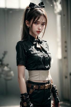 1girl, solo, long hair, upper body, cowboy shot, looking at the viewer, smile, laugh,  bangs, brown hair, realistic, ponytail, open mouth,  realistic, short sleeves, boots, black gloves, pants,  blurry, military, black shirt, blurry background,  Military uniform,  elegance, masterpiece, earrings, realistic, masterpiece, best quality, photorealistic, raw photo,  earrings, black eyes, lips, bow headband, lips, ribbon, realistic, parted lips, lips, ribbon, realistic, blurry background, Military,Taskforce,girl