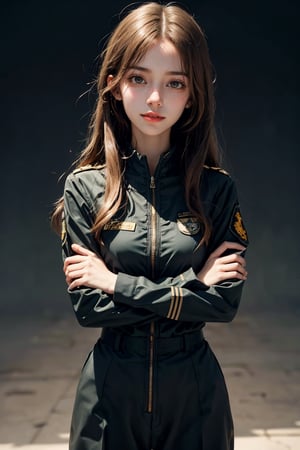 a 20 yo woman, upper body, smile, Tight-fitting military uniform, camouflage military uniform, emblem, crossed arms, long sleeves and long pants, medium breast, at the air force base tarmac,  day, standing in front of a fight jet(F-22),  direct lighting,  long hair,  soothing tones,  high contrast,  (natural skin texture,  hyperrealism,  soft light,  sharp), chromatic_background, simple background, Detailedface, Detailed eyes, Detailedface,MRRPSS, ,F-22