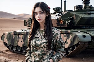 a 20 yo woman, smile, laugh, long hair, medium breast, sexy, realistic,  bright sunny smile, parted lips,   jewelry, earrings, hair flower, lips,Tight-fitting military uniform, camouflage military uniform,camouflage, long sleeves and long pants, medium breast, in the desert ,  stand near a  giant tank ,Hands in pockets with direct lighting, long hair, soothing tones, high contrast, (natural skin texture, hyperrealism, soft light, sharp), chromatic_background, Detailedface, Detailed eyes, Detailedface, blurry background,realistic hands,tank