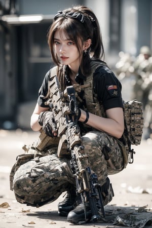 1girl, solo, long hair, looking at the viewer, smile, laugh,  bangs, brown hair, realistic, ponytail, open mouth, gloves, holding, weapon,  realistic, short sleeves, boots, black gloves, pants, fingerless gloves, black footwear, holding weapon, blurry, gun, military, black shirt, blurry background, black pants, holding gun, rifle, assault rifle, knee pads, one knee, combat boots, M4A1, Military,  elegance, masterpiece, earrings, realistic,  masterpiece, best quality, photorealistic, raw photo,  earrings, black eyes, lips, bow headband, lips, ribbon, realistic, parted lips, lips, ribbon, realistic, blurry background,Military,Taskforce,Assault rifle, m4a1 