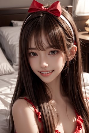 1girl, solo, long hair, looking at the viewer, smile, teeth, bangs, brown hair, sexy pajamas, lying on the bed, in the bedroom, headband, headband, night,  ribbon, hair ribbon, bow hairband,  parted lips,  lips,  bow,  ribbon, realistic,