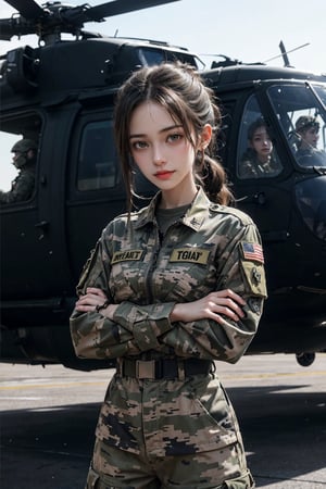 a 20 yo woman, upper body, smile, ponytail, Tight-fitting military uniform, camouflage military uniform, emblem, crossed arms, long sleeves and long pants, medium breast, at the air force base tarmac,  day, standing in front of a huge helicopter (UH-60 Black Hawk),  direct lighting,  long hair,  soothing tones,  high contrast,  (natural skin texture,  hyperrealism,  soft light,  sharp), chromatic_background, simple background, Detailedface, Detailed eyes, Detailedface,MRRPSS, ,UH-60 Black Hawk