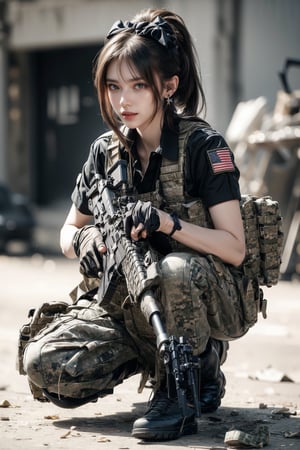 1girl, solo, long hair, looking at the viewer, smile, laugh,  bangs, brown hair, realistic, ponytail, open mouth, gloves, holding, weapon,  realistic, short sleeves, boots, black gloves, pants, fingerless gloves, black footwear, holding weapon, blurry, gun, military, black shirt, blurry background, black pants, holding gun, rifle, assault rifle, knee pads, one knee, combat boots, M4A1, Military,  elegance, masterpiece, earrings, realistic,  masterpiece, best quality, photorealistic, raw photo,  earrings, black eyes, lips, bow headband, lips, ribbon, realistic, parted lips, lips, ribbon, realistic, blurry background,Military,Taskforce,Assault rifle 