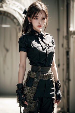 1girl, solo, long hair, upper body, cowboy shot, looking at the viewer, smile, laugh,  bangs, brown hair, realistic, ponytail, open mouth,  realistic, short sleeves, boots, black gloves, pants,  blurry, military, black shirt, blurry background,  Military uniform,  elegance, masterpiece, earrings, realistic, masterpiece, best quality, photorealistic, raw photo,  earrings, black eyes, lips, bow headband, lips, ribbon, realistic, parted lips, lips, ribbon, realistic, blurry background, Military,Taskforce,girl