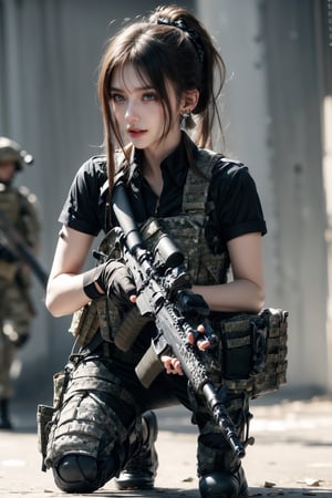 1girl, solo, long hair, looking at the viewer, smile, laugh,  bangs, brown hair, realistic, ponytail, open mouth, gloves, holding, weapon,  realistic, short sleeves, boots, black gloves, pants, fingerless gloves, black footwear, holding weapon, blurry, gun, military, black shirt, blurry background, black pants, holding gun, rifle, assault rifle, knee pads, one knee, combat boots, m4a1, Military,  elegance, masterpiece, earrings, realistic,  masterpiece, best quality, photorealistic, raw photo,  earrings, black eyes, lips, bow headband, lips, ribbon, realistic, parted lips, lips, ribbon, realistic, blurry background,Military,Taskforce