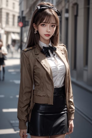 1girl, solo, long hair, looking at the viewer, smile, bangs, brown hair,  realistic, skirt, jacket, military uniform, pencil skirt, clothes lift, skirt lift, dress lift, realistic, medium breasts, earrings, black eyes, lips, bow headband, blurry, lips, blurry background, ribbon, realistic, parted lips, lips, bow, ribbon, realistic,