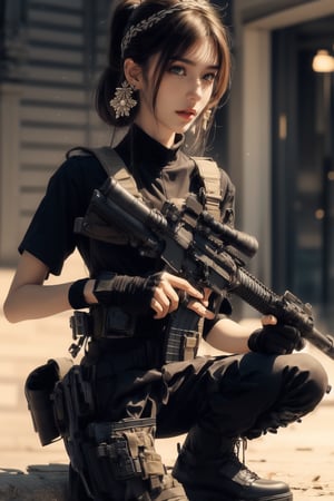 1girl, solo, long hair, looking at the viewer, smile, laugh,  bangs, brown hair, realistic, ponytail, open mouth, gloves, holding, weapon,  realistic, short sleeves, boots, black gloves, pants, fingerless gloves, black footwear, holding weapon, blurry, gun, military, black shirt, blurry background, black pants, holding gun, equipped with an ultrarealistic photorealistic detailed Assault rifle, knee pads, one knee, combat boots, pistol, Military,  elegance, masterpiece, earrings, realistic,  masterpiece, best quality, photorealistic, raw photo,  earrings, black eyes, lips, bow headband, lips, ribbon, realistic, parted lips, lips, ribbon, realistic, blurry background, Military,Taskforce,girl,Assault rifle 