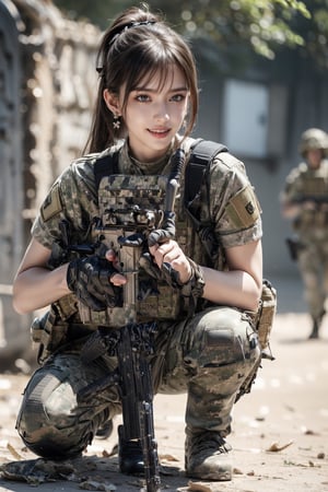 1girl, solo, long hair, looking at the viewer, smile, laugh,  bangs, brown hair, realistic, ponytail, open mouth, gloves, holding, weapon,  realistic, short sleeves, boots, black gloves, pants, fingerless gloves, black footwear, holding weapon, blurry, gun, military, black shirt, blurry background, black pants, holding gun, rifle, assault rifle, knee pads, one knee, combat boots, M4A1, Military,  elegance, masterpiece, earrings, realistic,  masterpiece, best quality, photorealistic, raw photo,  earrings, black eyes, lips, bow headband, lips, ribbon, realistic, parted lips, lips, ribbon, realistic, blurry background, Military,Taskforce, Assault rifle, m4a1 