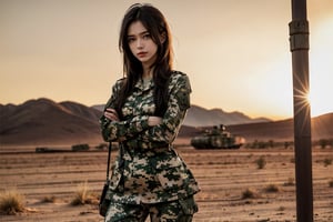 a 20 yo woman, upper body, smile, laugh, Tight-fitting military uniform, camouflage military uniform,camouflage, long sleeves and long pants, medium breast, in the desert , stand in front of a huge tank  direct lighting, crossed arms, long hair,  soothing tones,  high contrast,  (natural skin texture,  hyperrealism,  soft light,  sharp), chromatic_background, simple background, Detailedface, Detailed eyes, Detailedface,MRRPSS, blurry_background