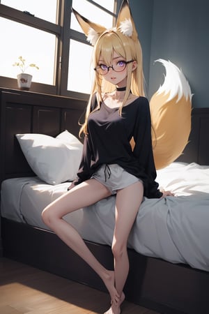 by oda non by yogisya, a very skinny girl on bedroom, on bed, blonde hair, sexy, purple eyes, fox ears, fox tails, glasses, detailed background, twilight, soft lighting, masterpiece, best quality, high quality, highres, very detailed, high resolution, sharp, sharp image, 8k, vivid, colorful, stunning, anime, aesthetic, skinny, full body, full-body_portrait, (purple eyes), big tits, big_breasts, chocker, barefoot, long baggy shirt, no pants, 