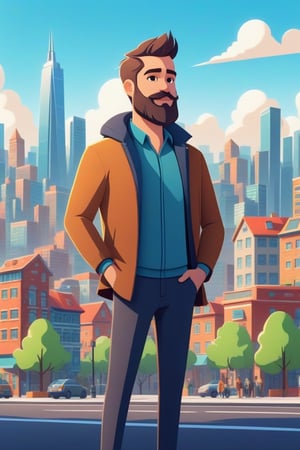a man with a beard standing in front of a city, animation illustrative style, corporate animation style, animated cinematography, design your own avatar, video animation, digital flat 2 d, featured on illustrationx, behance contest winner, 8 k cartoon illustration, style of titmouse animation,