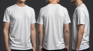 Photorealistic portrait of A young man with white premium neat t-shirt and premium pants in different pose (front, back and side)