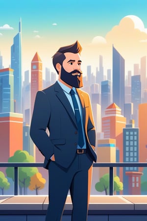 a man with a beard standing in front of a city, animation illustrative style, corporate animation style, animated cinematography, design your own avatar, video animation, digital flat 2 d, featured on illustrationx, behance contest winner, 8 k cartoon illustration, style of titmouse animation,children's picture books