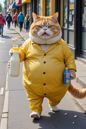 A fat cat dressed in yellow walks down the street with a milk bottle in its mouth and a dog with a bone in its mouth.