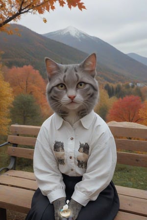 cinematic close-up shot film still, high contrast:1, a cinematic motion picture film, artistic creative color photography style, Kodak color film style, cinemascope, film grain, (A contented gray fluffy cat of the Nibelung breed, dressed in a traditional Ukrainian embroidered shirt, sits on an old bench on the top of an autumn mountain near a bucket of milk. A cow grazes near him).