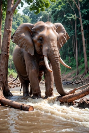 A huge elephant is felling a tree, making a soft noise. Forest Tree River