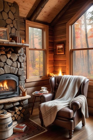 A small, inviting corner inside a rustic cabin. A large window overlooks a forest of vibrant autumn trees. A comfortable armchair with a soft blanket draped over it sits next to a fireplace, where a gentle fire crackles. A steaming cup of tea and a stack of books rest on a nearby table.