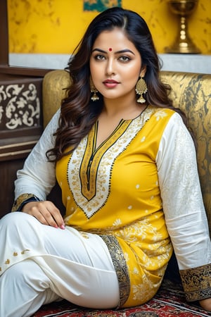 Highly realistic photo of a beautiful A curvy figure fat 35 year old plus size woman sitting at home, wearing stylish yellow and white ethnic motifs printed cotton shalwar kameez, with traditional style, cluttered maximalism BREAK settings: (rule of thirds1.3),perfect composition,studio photo,trending on artstation,depth of perspective,(Masterpiece,Best quality,32k,UHD:1.4),(sharp focus,high contrast,HDR,hyper-detailed,intricate details,ultra-realistic,kodachrome 800:1.3),(cinematic lighting:1.3),(by Karol Bak$,Alessandro Pautasso$,Gustav Klimt$ and Hayao Miyazaki$:1.3),art_booster,photo_b00ster, real_booster