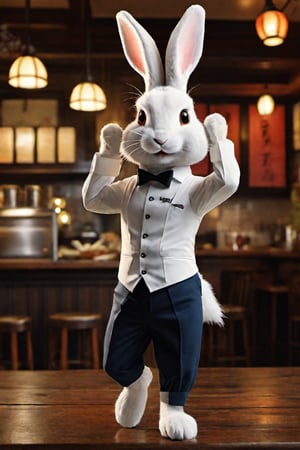 anthro (rabbit:1.1) | wearing restaurant waiter clothes, | rice ball shop setting | 3/4 pose, warm, cute, highly detailed, dramatic light, beautiful background, deep colors, cinematic, dynamic, stunning, illuminated