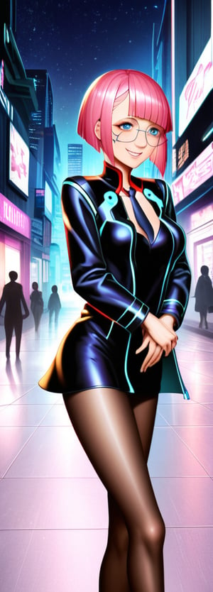 (masterpiece), best quality, high resolution, highly detailed, detailed background, perfect lighting, 1girl, pink hair, short hair, slender, medium breasts, smile, blush, glasses, jacket, short dress, necktie, between_breasts, pantyhose, (cyberpunk:1.4), street, night, city, outdoor, sci-fi, futuristic clothes,
,score_9