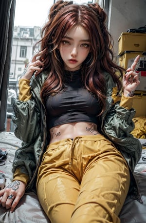 Best quality, masterpiece, 1girl, red hair, yellow eyes, tattoos, black pants,  ear piercings, blue and yellow bomber jacket, latexsuit, full body, pov_eye_contact, sexy pose, ,1 girl 