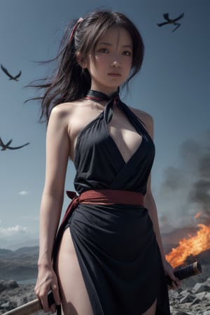 A solo masterpiece of a woman stands tall, her blue eyes blazing with fury as she holds a katana in front of her face. Her black hair is tied back with a ribbon, and multicolored streaks run through her locks like veins of fire. A dark dress clings to her physique, emphasizing her strength and determination. In the background, a smoky haze fills the air, punctuated by crows soaring overhead, their silhouettes stark against the apocalyptic landscape. The camera captures every detail with sharp focus and cinematic lighting, highlighting the intricate textures of her hair and the fiery intensity in her gaze.