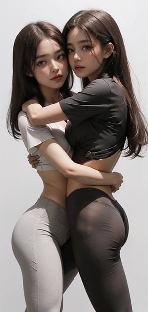 two sexy woman dressed in school uniforms hug each other warmly. The first woman is called Anna, she is 20 years old, she is 170cm height. (Anna has long, straight, black hair:1) The second woman is called Teresa, she is 19 years old, she is 168cm height (Teresa has light brown medium long straight hair:1.1). the two girls dress tight yoga pants, the two girls dress tight yoga bra, the two girls dress white sport shoes, (gym background:1) ((grey background:1)) ((grey details at background:1))

